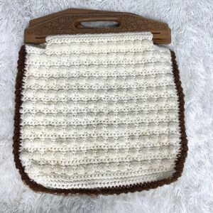 Handmade Crochet Knitted Boho Wooden Floral Handle Handbag Sewing Bag